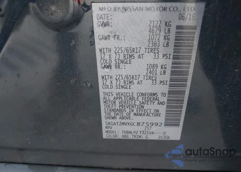 2016 Nissan Rogue S/Sl/Sv from USA, damaged, VIN 5N1AT2MVXGC875992